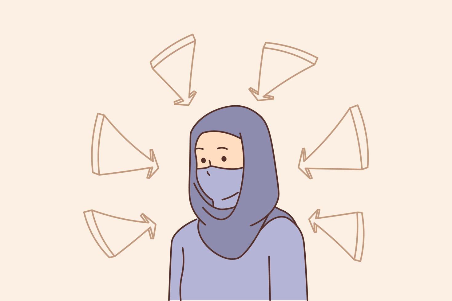 Unhappy young muslim woman in hijab with arrows pointing at her. Stressed Arabic female in traditional clothes feel bullied and discriminated. Vector illustration.