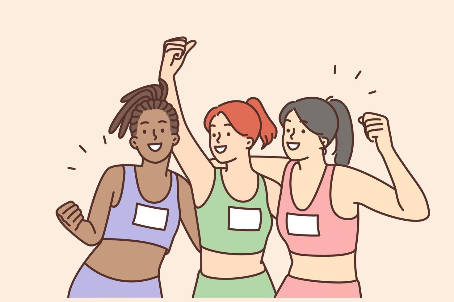 Smiling young diverse girls athletes celebrate win in competition. Happy multiracial women in sportswear triumph with victory in race or sport contest. Vector illustration.