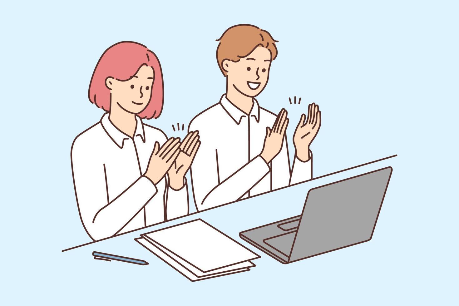 Smiling businesspeople sit at desk in office watch online conference or lecture applauding. Excited employees clap hands welcome speaker at web talk. Vector illustration.