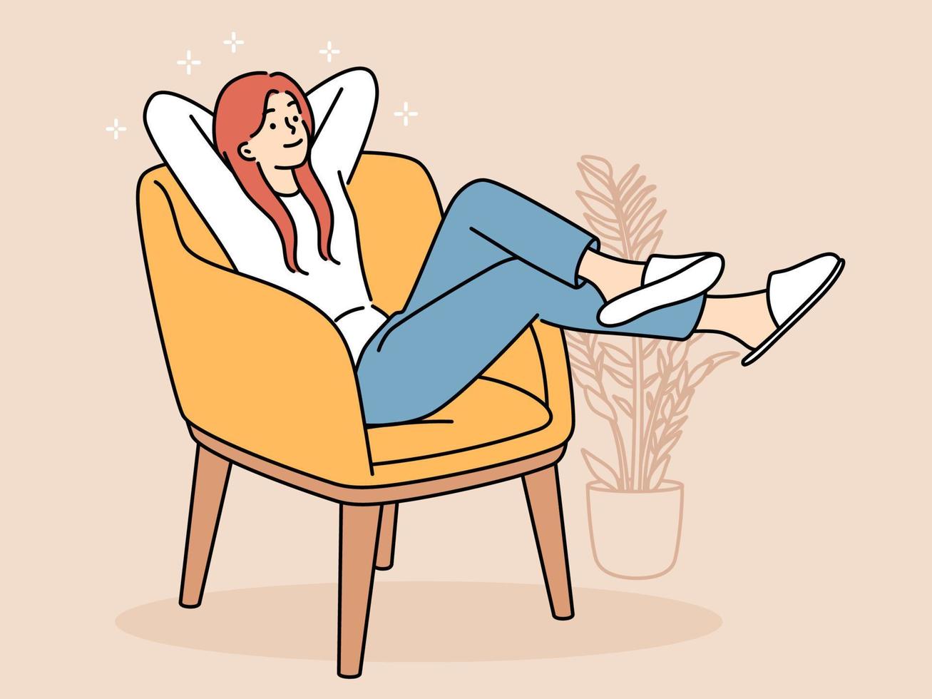 Happy girl sit in chair relaxing on weekend. Smiling young woman rest in armchair at home on leisure. Relaxation concept. Vector illustration.