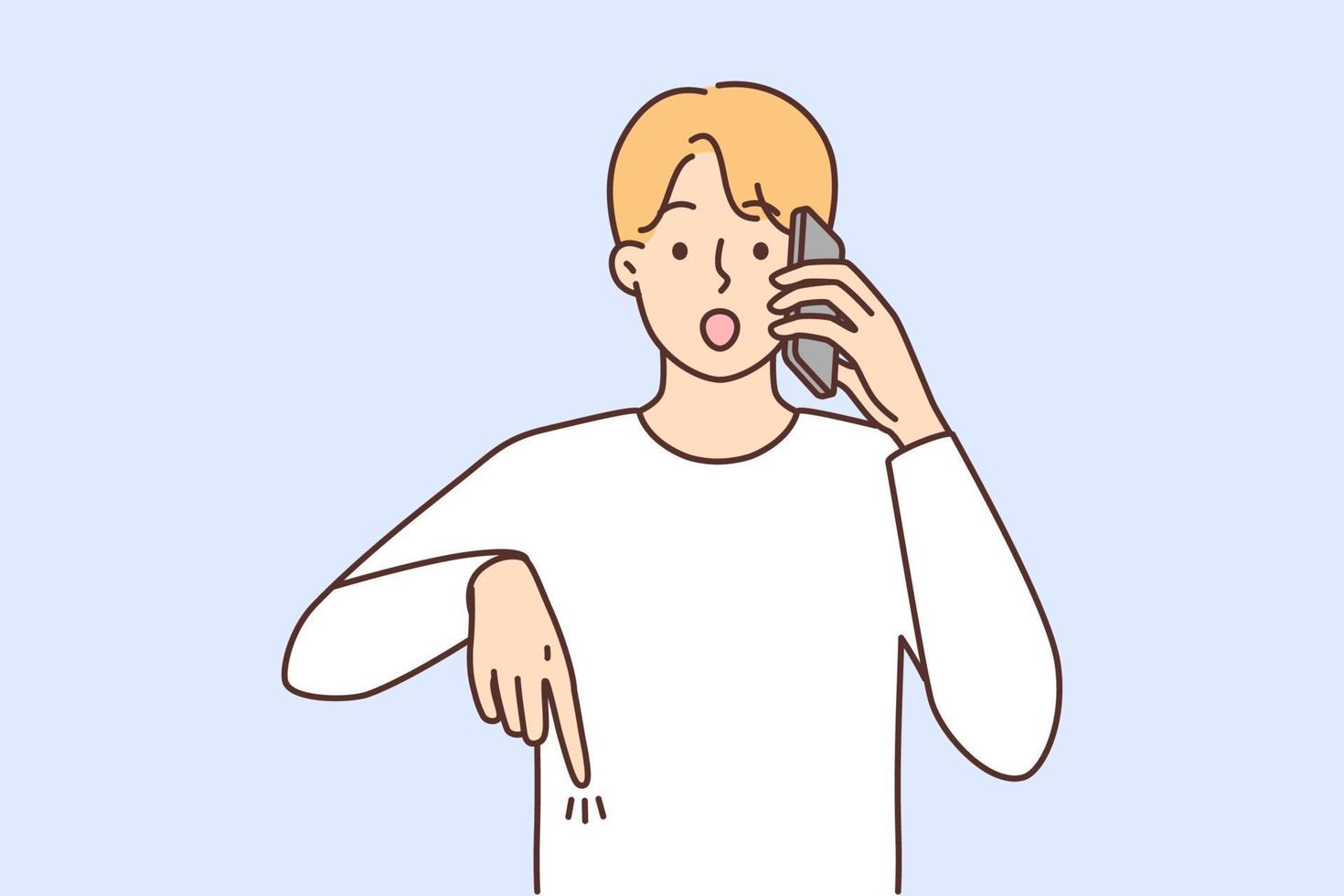 Stunned young man talk on phone point at good deal or promotion down. Amazed guy on cellphone call surprised with unbelievable discount or offer. Vector illustration.