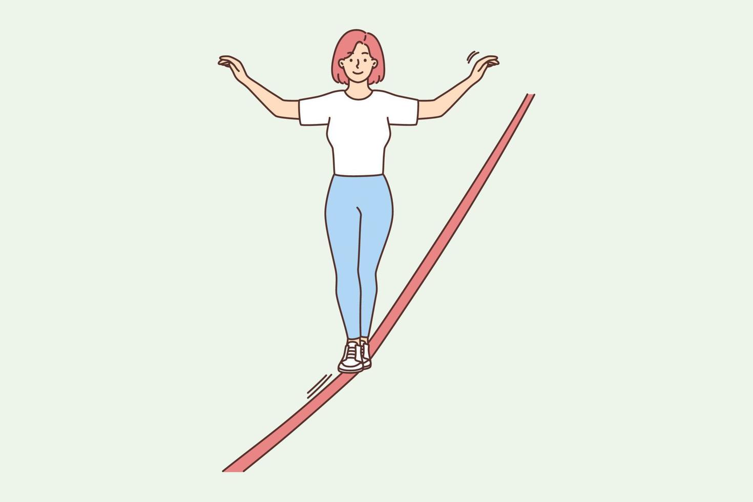 Woman walking tightrope. Smiling female walker do sport training engaged in physical activity. Hobby. Vector illustration.