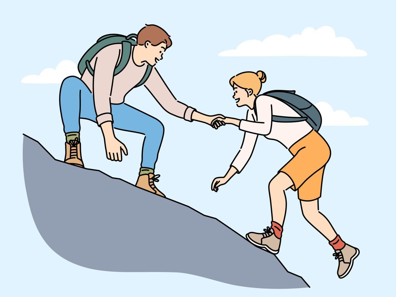 Man give hand to woman climbing together on mountain. Male hiker or climber help female friend with hiking on hill. Vector illustration.