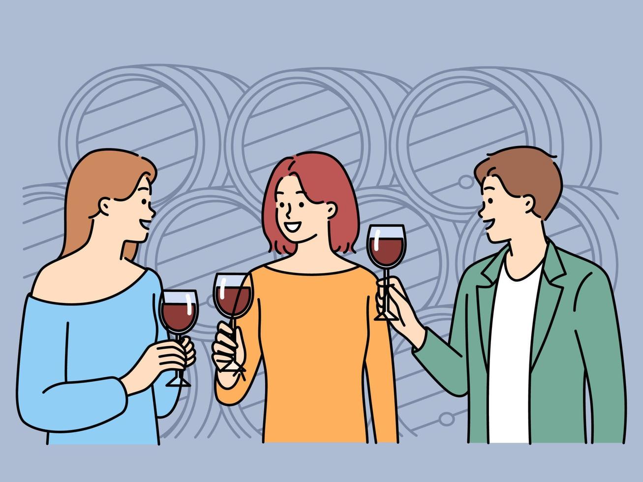 Smiling people tasting wine in cellar. Happy friends hold glasses enjoy alcohol drink at festival. Vector illustration.