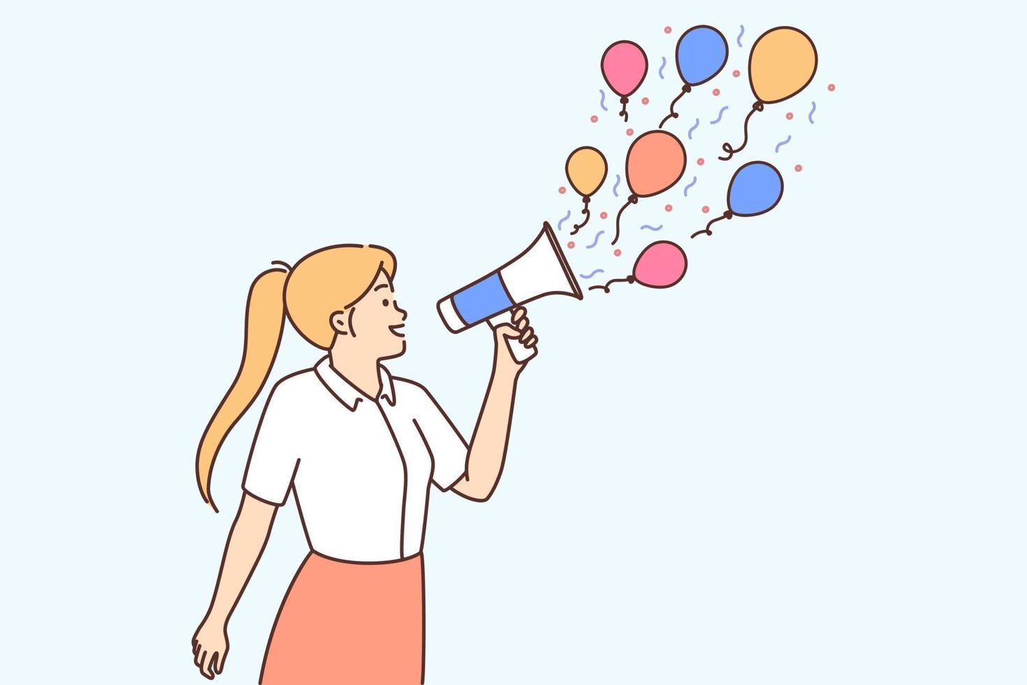Happy young woman with megaphone announce promotion or sale. Smiling female with loudspeaker share news about event or celebration. Vector illustration.