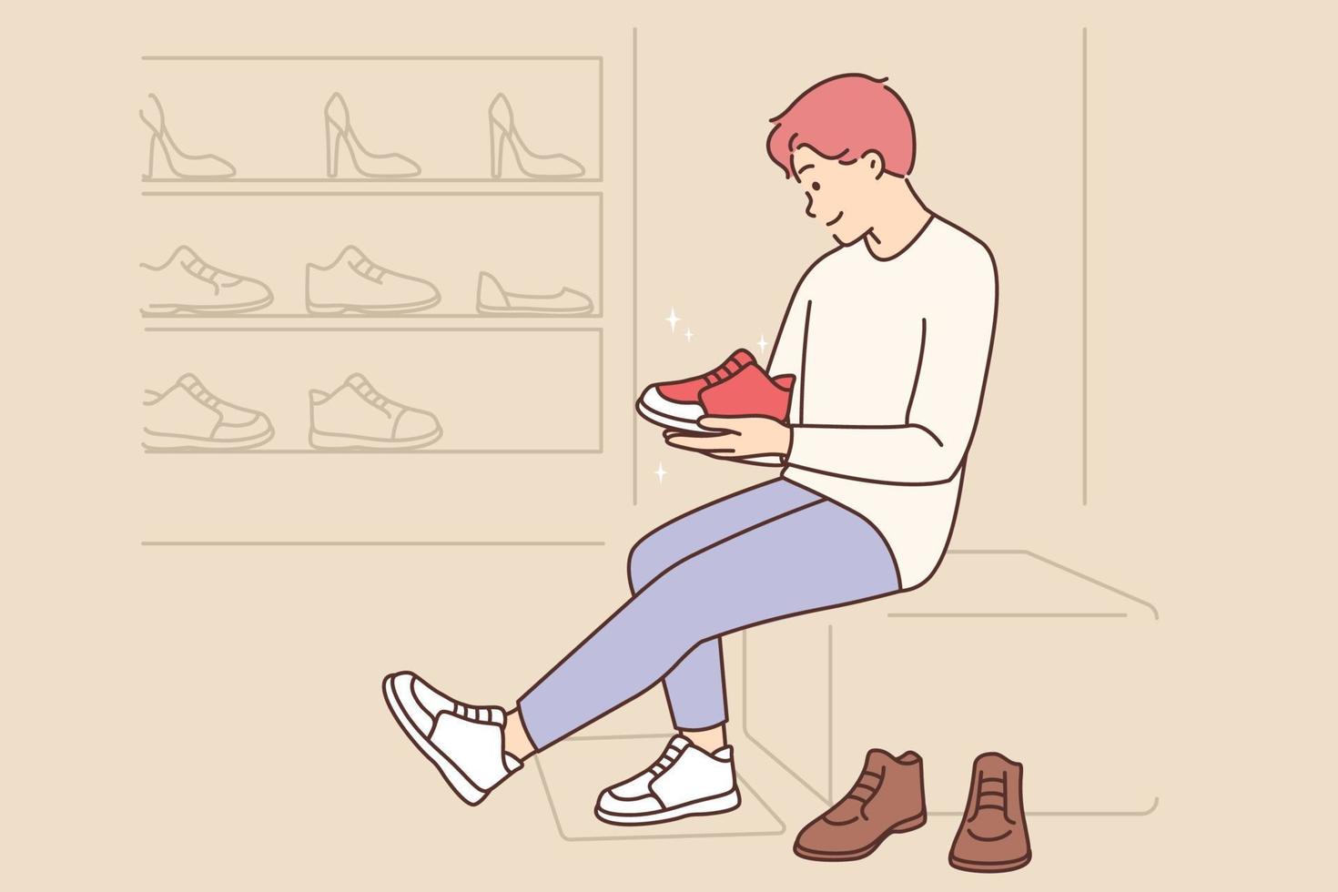 contento joven hombre molesto Zapatos en Moda tienda o boutique. sonriente masculino comprador o cliente escoger calzado en almacenar. compras y consumismo. vector ilustración.