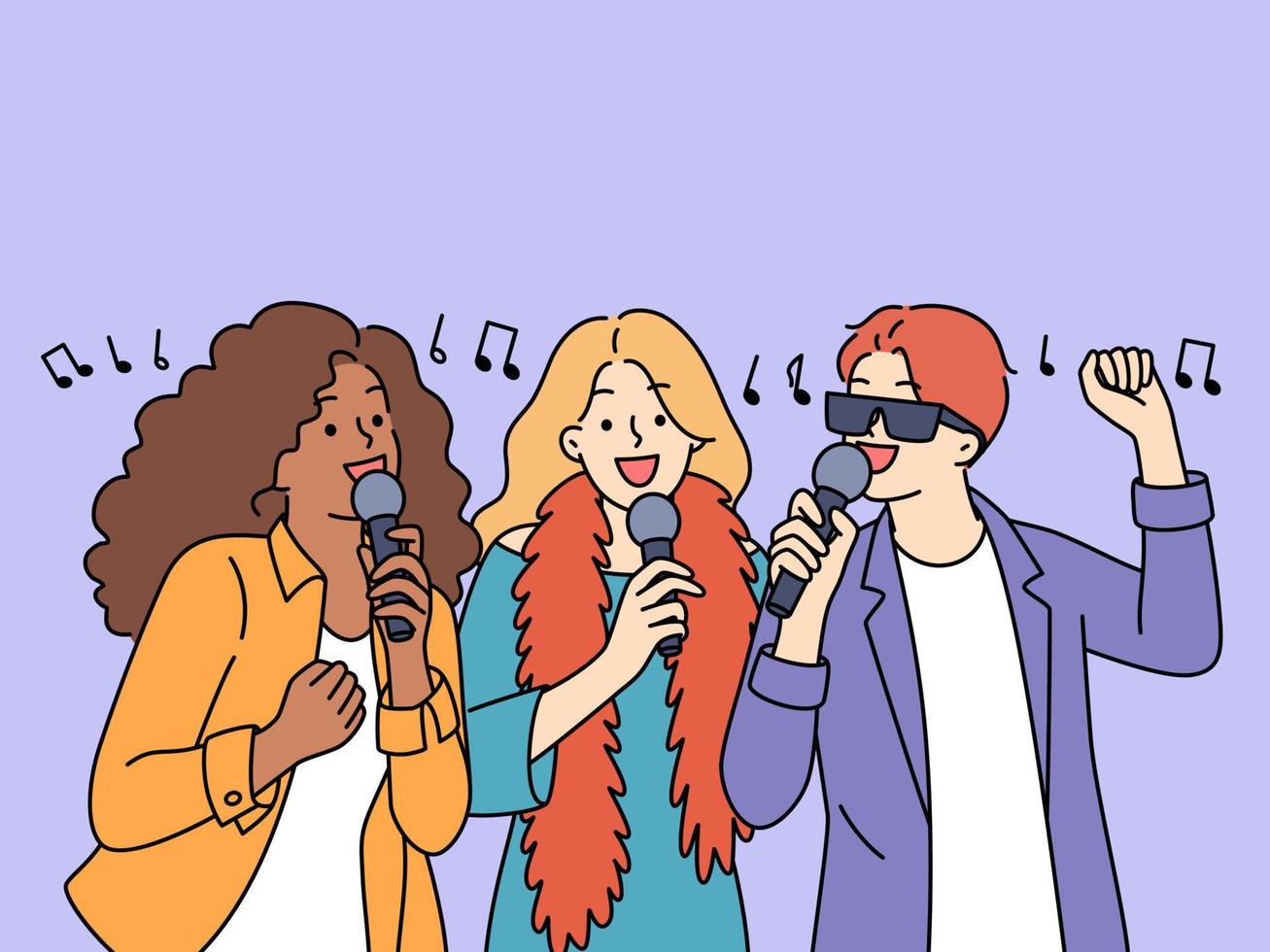 lleno de alegría joven multirracial personas tener divertido canto juntos en karaoke sonriente interracial amigos disfrutar fin de semana teniendo fiesta celebracion. vector ilustración.