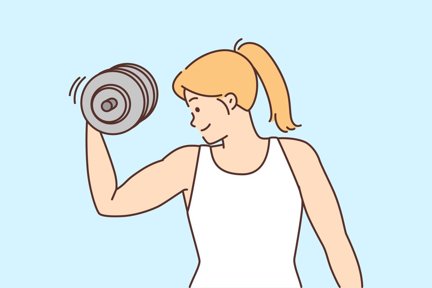 Strong young woman training with dumbbell in gym. Toned sporty female athlete exercising with heavy equipment gaining muscles. Sport and bodybuilding. Vector illustration.