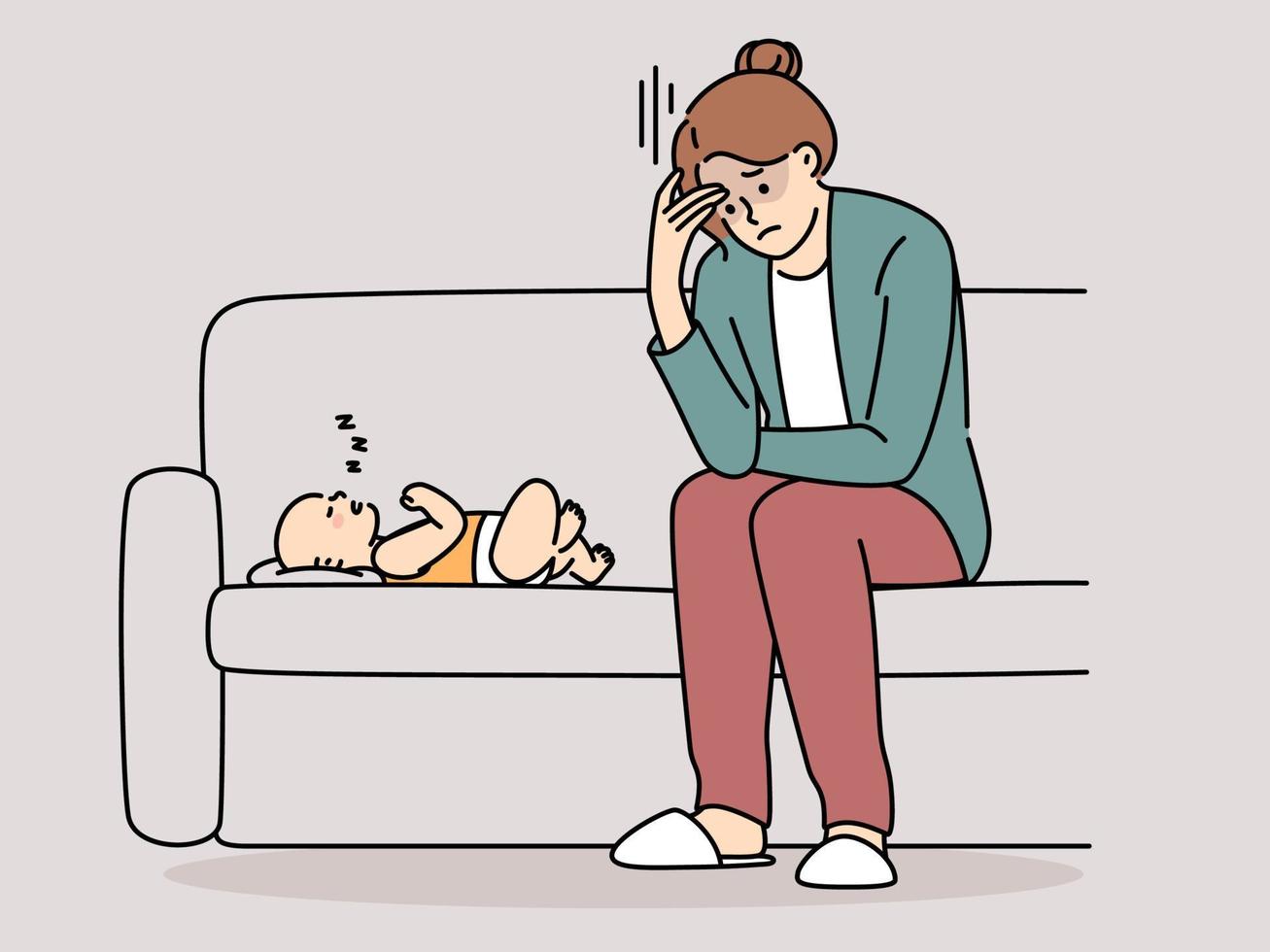 Tired young woman stressed with motherhood. Exhausted mother sit near newborn baby struggle with parenting problems. Vector illustration.