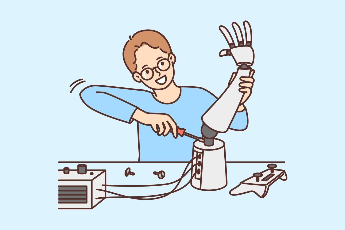 Smart boy child in glasses construct robotic arm in laboratory. Clever smiling kid developing robot in science lab. Hobby and technology. Vector illustration.