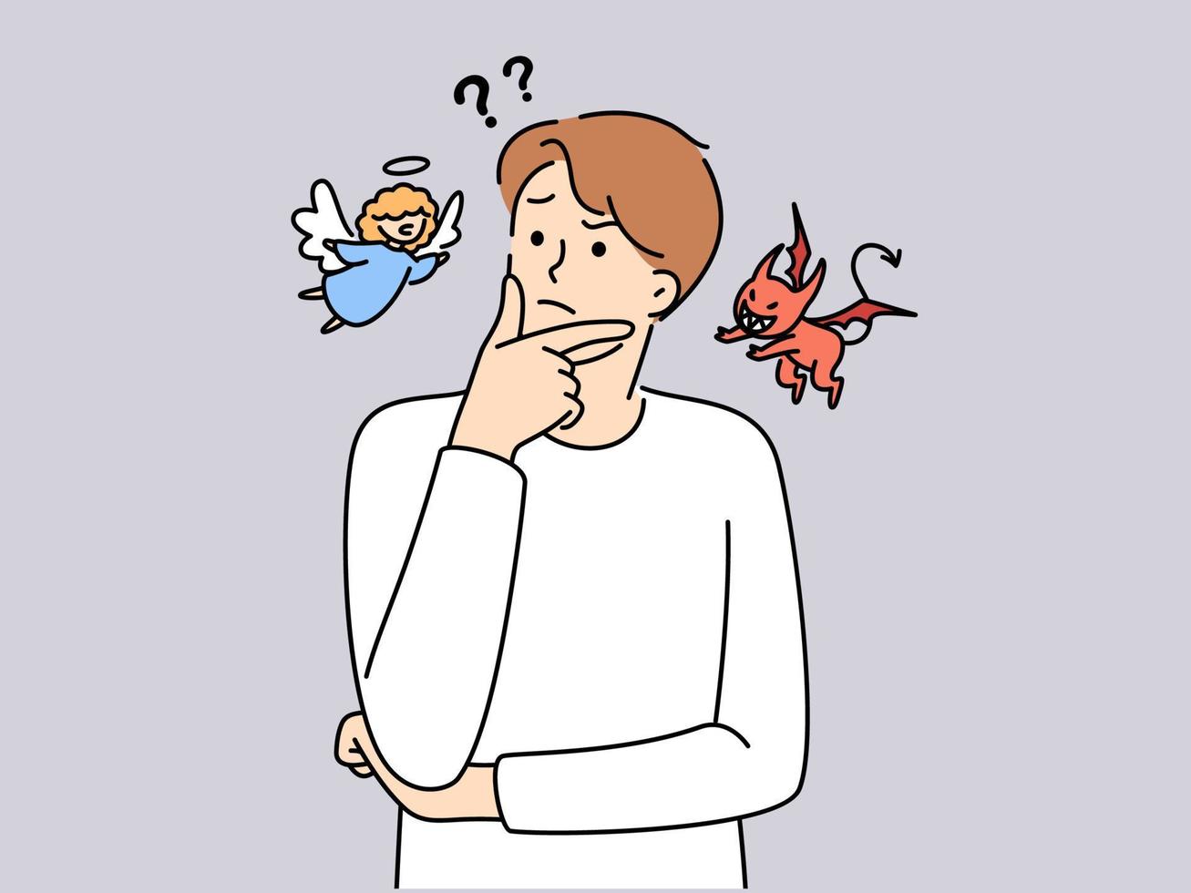 Confused young man with devil and angel on different sides decide or think. Frustrated guy feel unsure and doubtful about getting right or wrong decision. Vector illustration.