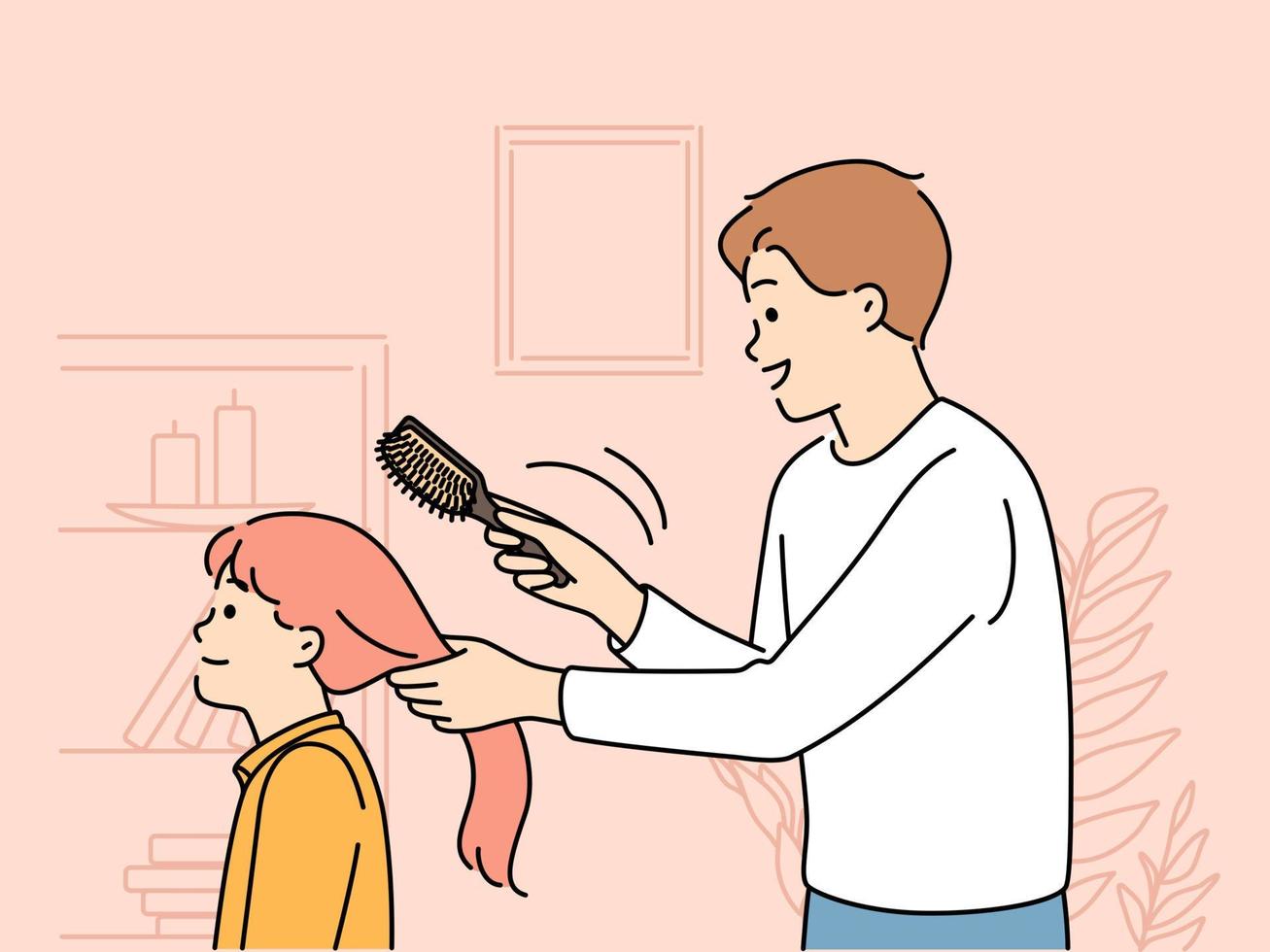 Caring young father brushing small daughter hair at home. Single dad get ready little girl child make hairstyle. Fatherhood and parenthood. Vector illustration.