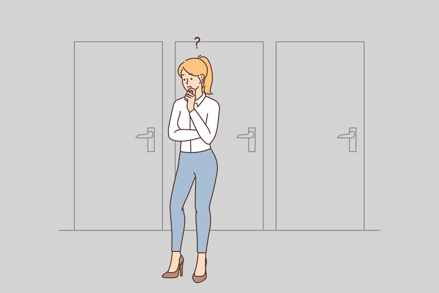 Pensive businesswoman stand near doors think which way to take. Confused female employee feel frustrated making choice or career decision. Dilemma. Vector illustration.