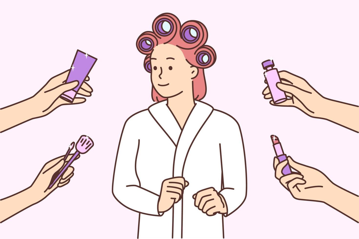 sonriente joven mujer en bata de baño obtener Listo en Mañana. contento niña haciendo maquillaje con cosmético productos belleza y bienestar. vector ilustración.