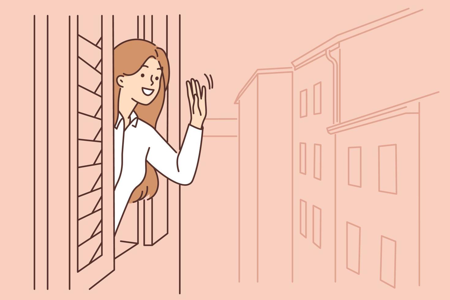 sonriente joven mujer Mira fuera de ventana ondulación. contento hembra en Departamento decir Hola saludo con alguien en calle. vector ilustración.