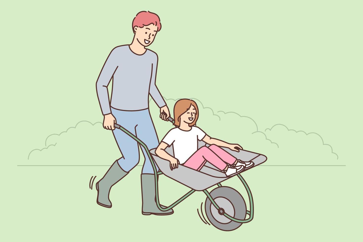 contento hombre montando emocionado pequeño hija en carro disfrutar jardinería afuera. sonriente padre tener divertido jugando con pequeño niña niño en campo. vector ilustración.