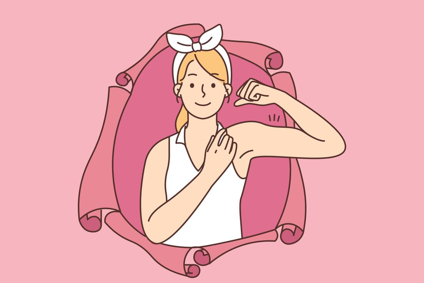 Smiling powerful woman look from hole showing biceps. Happy female demonstrate muscles feeling strong and successful. Vector illustration.