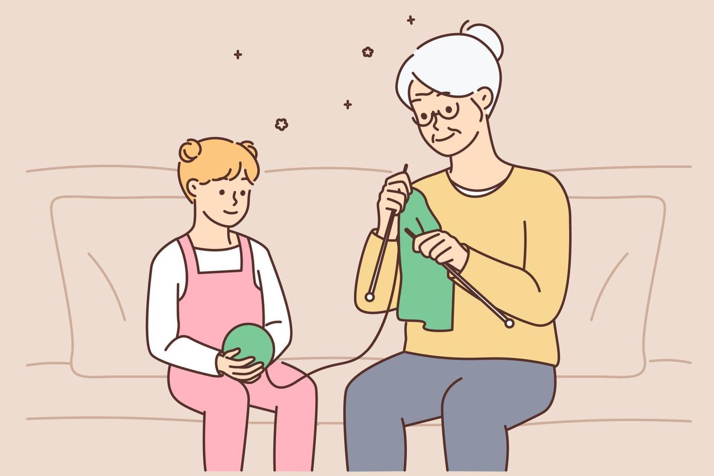 Cute little girl child sit on couch knitting together with elderly grandmother. Smiling grandparent and small grandchild enjoy yarning at home. Hobby. Vector illustration.