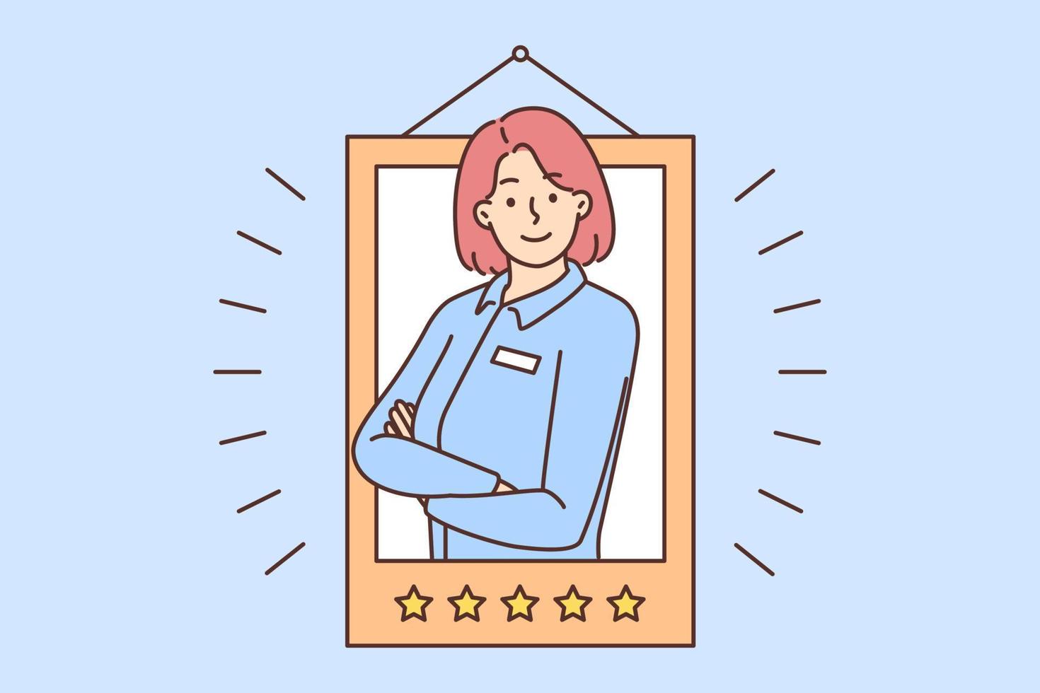 Smiling female employee in uniform receive best worker of month award. Happy woman get best feedback and rank at workplace. Vector illustration.