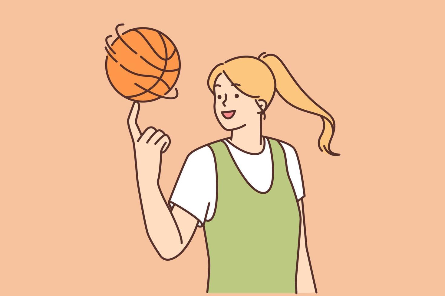 Smiling young woman spin basketball ball on finger. Happy female athlete or player have fun playing game outdoors. Sport and hobby. Vector illustration.