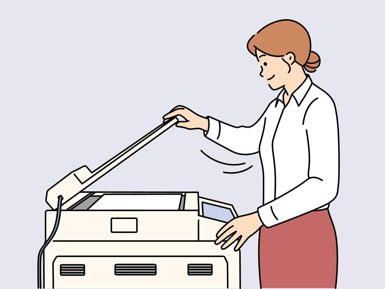 Young businesswoman making document copy on machine in office. Smiling female employee working on printer or photocopy device. Vector illustration.