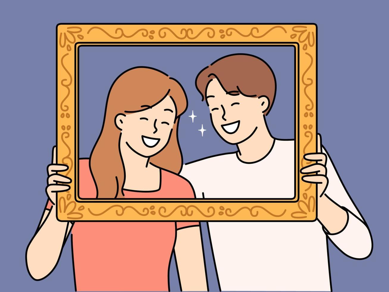 Smiling couple in picture frame feel overjoyed and united. Happy woman and man posing together in photoframe. Relationships and family. Vector illustration.
