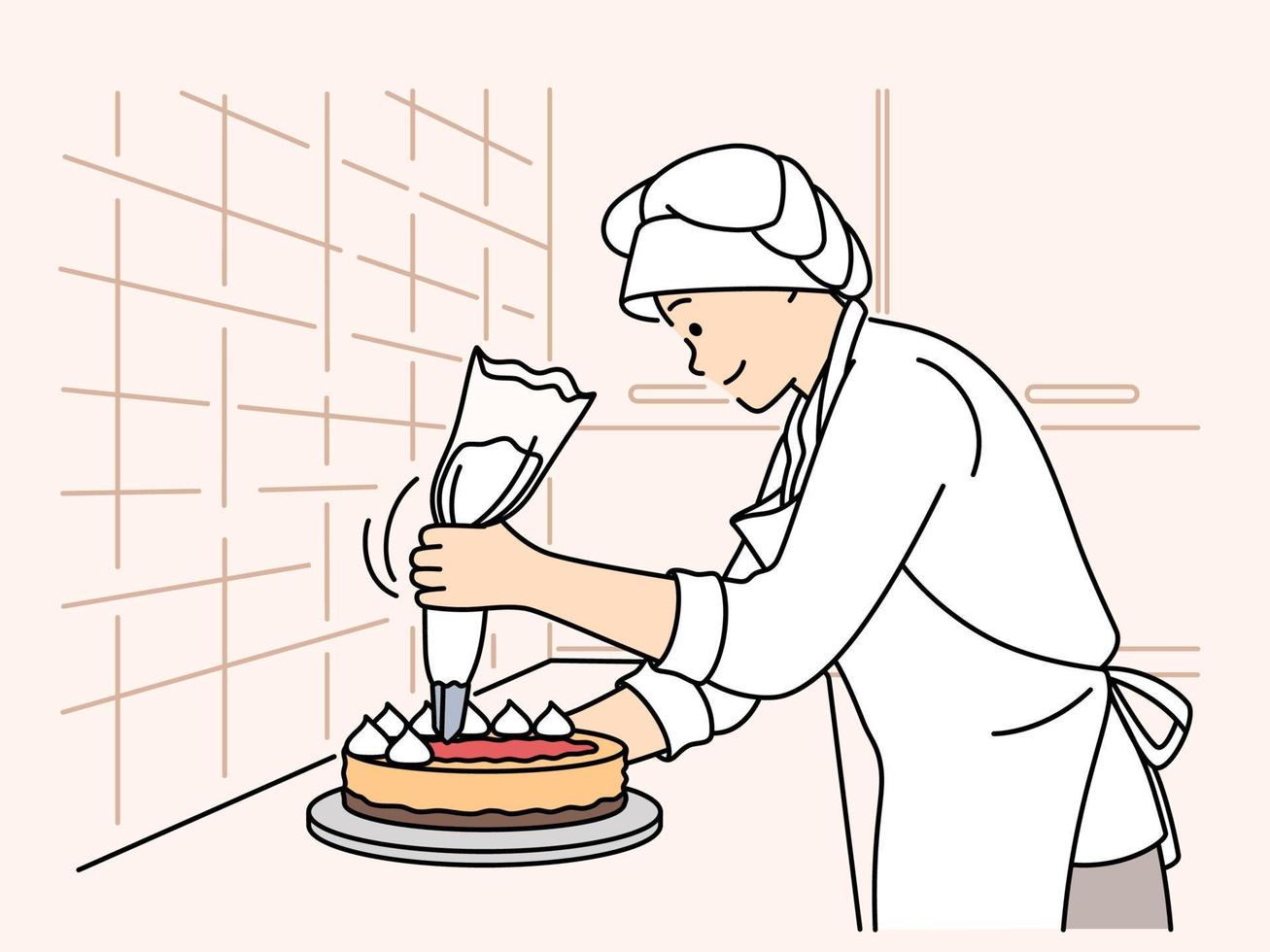 contento hembra cocinero en uniforme Decorar pastel a café cocina. sonriente mujer Cocinando preparando postre a encimera. culinario pasatiempo. vector ilustración.