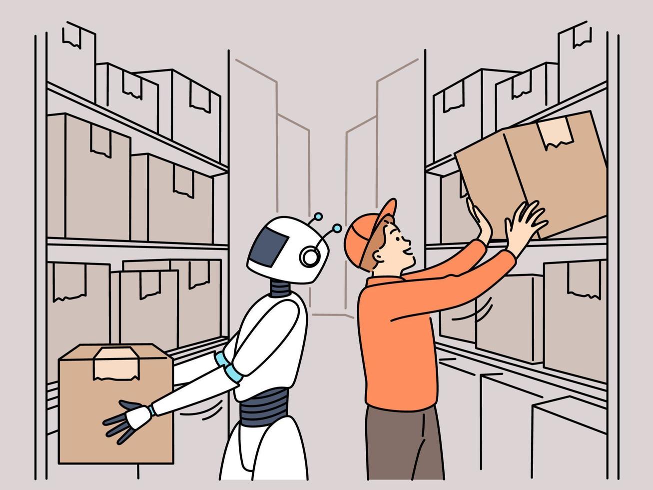 Robot helping male employee working in warehouse with boxes. Virtual robotic assistant and man worker cooperate in depo rot storehouse. Technology in life. Vector illustration.