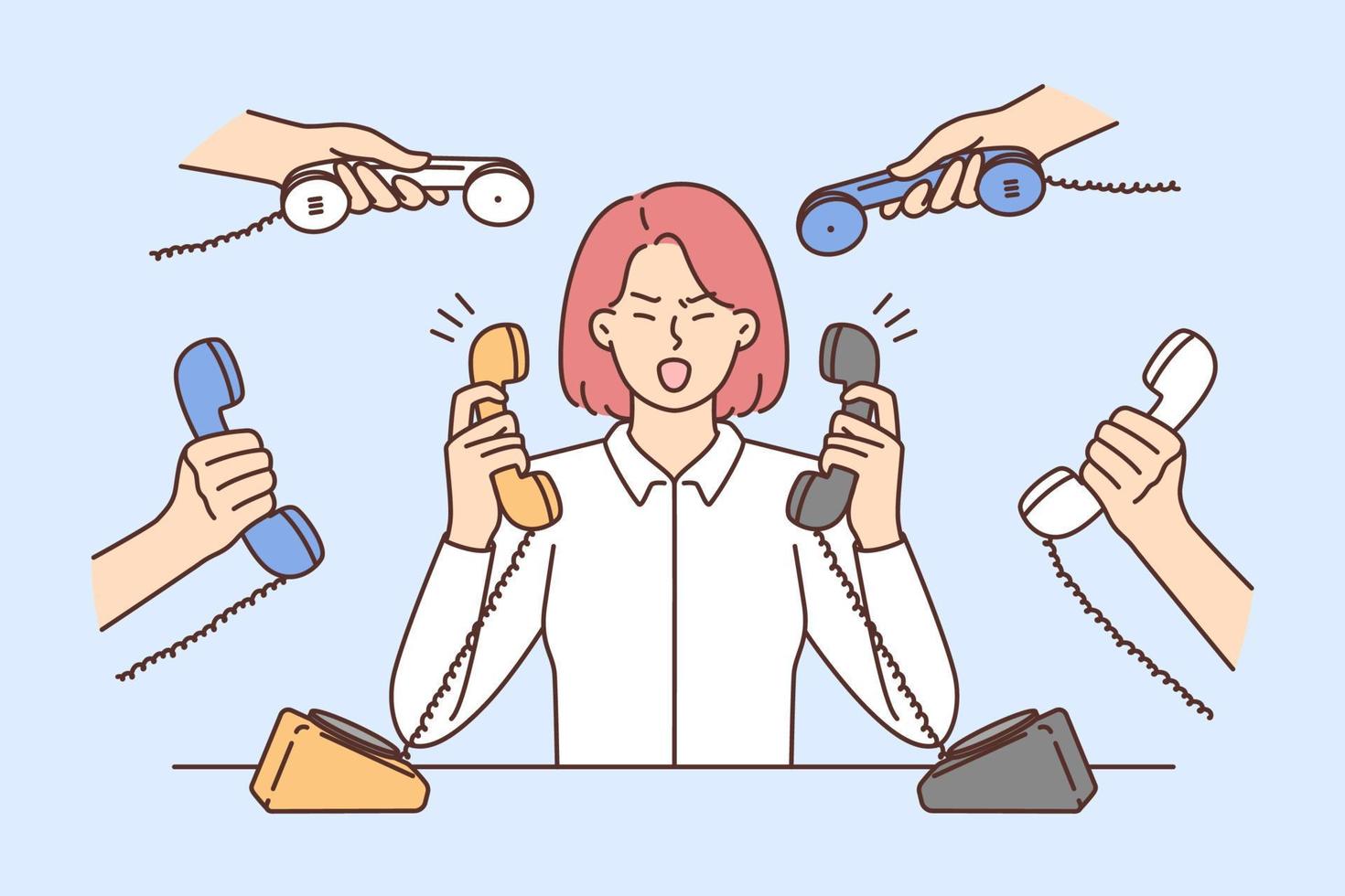 Furious businesswoman sit at desk scream surrounded with numerous phones ringing. Mad female employee irritated with work calls. Overwork and breakdown. Vector illustration.