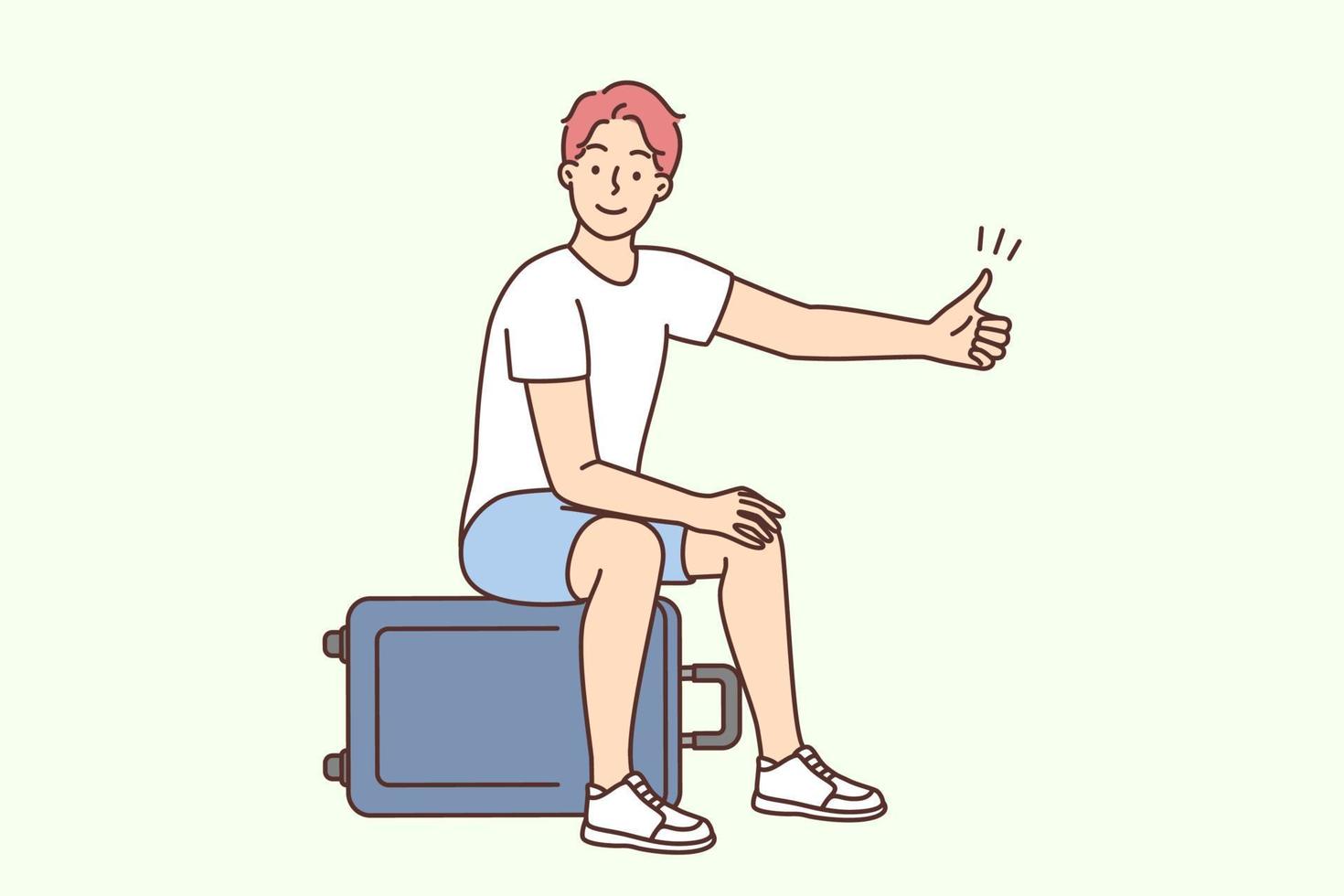 Smiling young man sit on suitcase show thumb up recommend good summer vacation. Happy male tourist give recommendation to summertime holiday. Vector illustration.