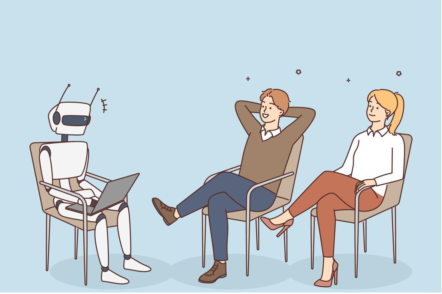 Businesspeople sit in chairs relaxing watch AI robotic assistant working on laptop. Employees take break from job with robot replace worker in office. Vector illustration.