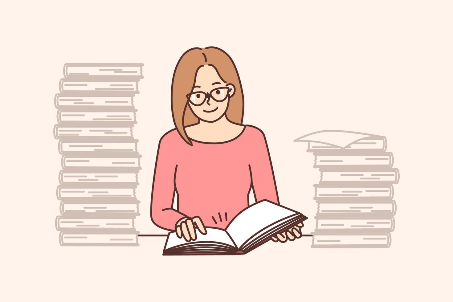 Smart young woman in glasses sit at table reading books. Happy clever female student in library study with pile of textbooks. Education. Vector illustration.