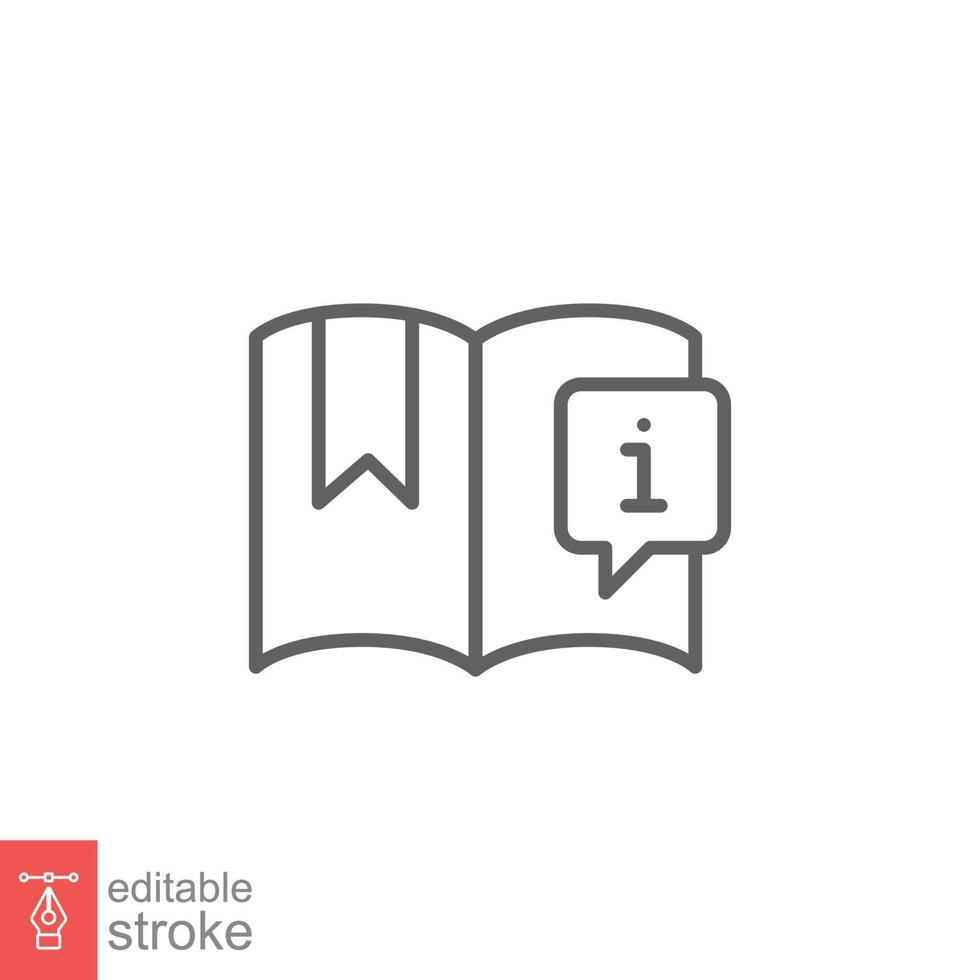 Book with information mark icon. Encyclopedia, catalogue, info and faq concept. Simple outline style. Thin line symbol. Vector illustration isolated on white background. Editable stroke EPS 10.