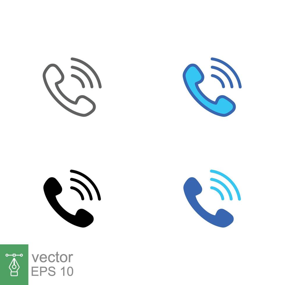 Telephone ringing icon set. Call, phone, incoming, receiver, contact. Simple editable stroke, outline, filled outline, solid and flat style. Vector illustration isolated on white background. EPS 10.
