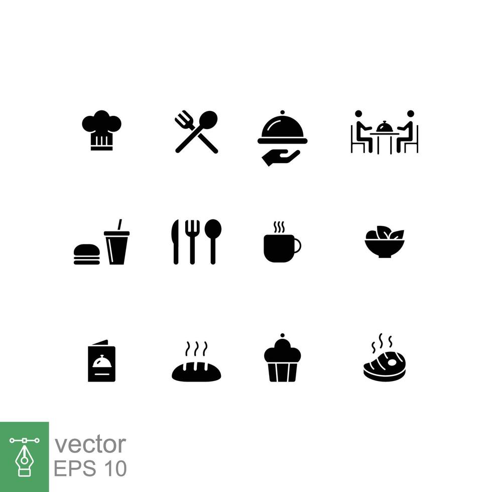 Restaurant food icon set. Simple solid style. Drink, coffee, table, menu, bakery, food and beverage concept. Black silhouette, glyph symbol. Vector illustration isolated on white background. EPS 10.