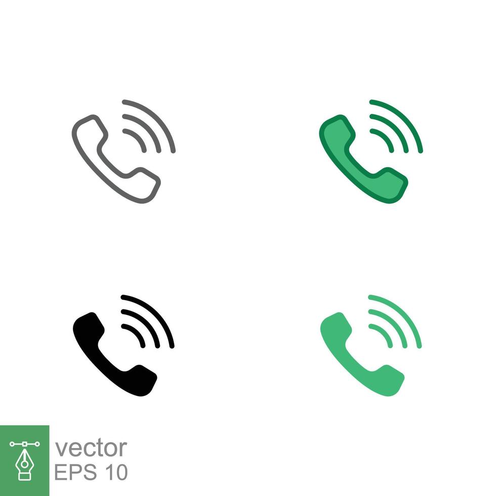 Telephone ringing icon set. Call, phone, incoming, receiver, contact. Simple editable stroke, outline, filled outline, solid and flat style. Vector illustration isolated on white background. EPS 10.