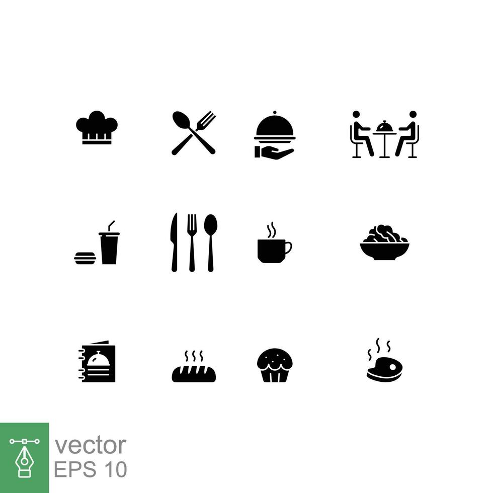 restaurante comida icono colocar. sencillo sólido estilo. beber, café, mesa, menú, panadería, comida y bebida concepto. negro silueta, glifo símbolo. vector ilustración aislado en blanco antecedentes. eps 10