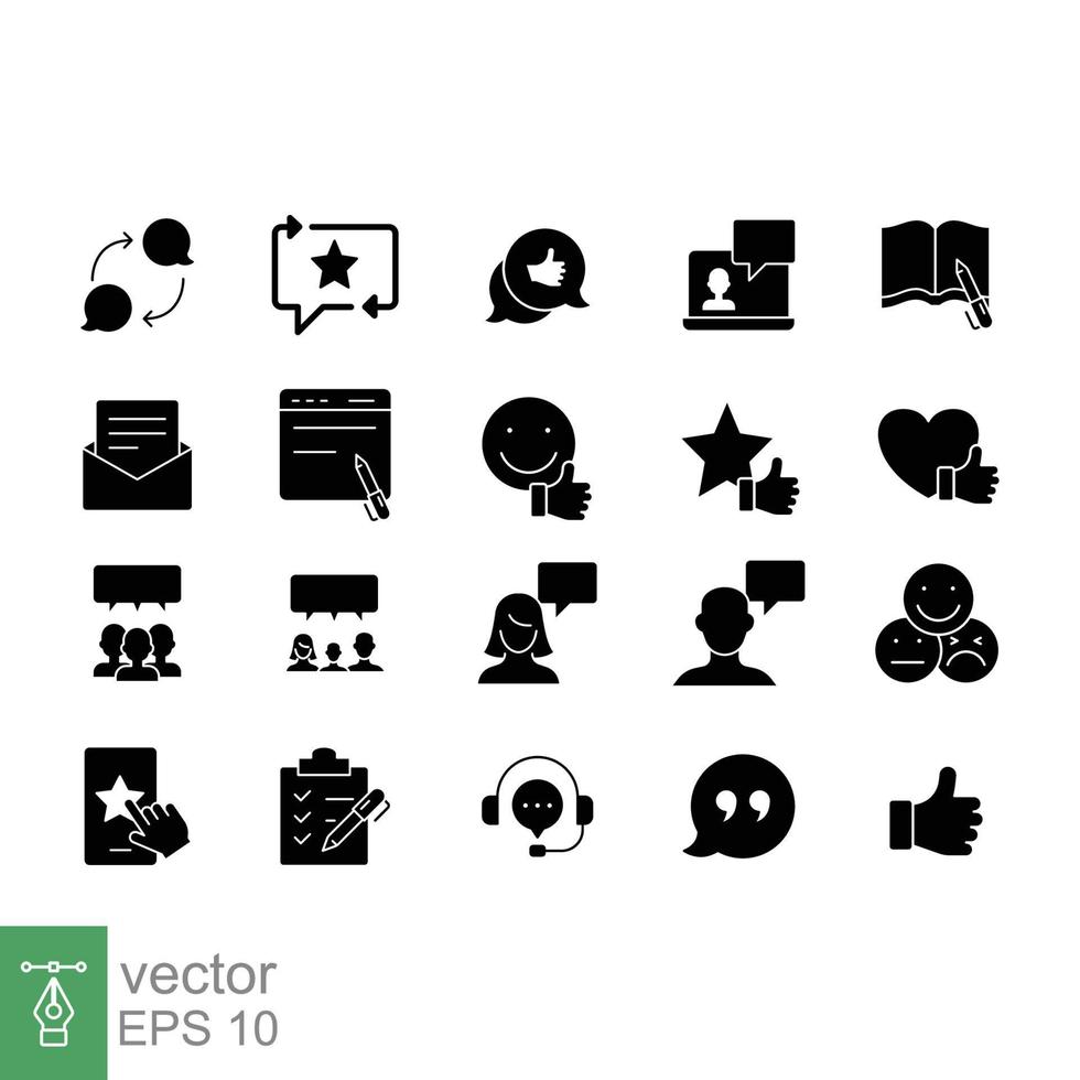 Business and finance web glyph icon set. Testimonials, customer relationship management or CRM concept. Simple solid style symbol collection. Vector illustration isolated on white background. EPS 10.