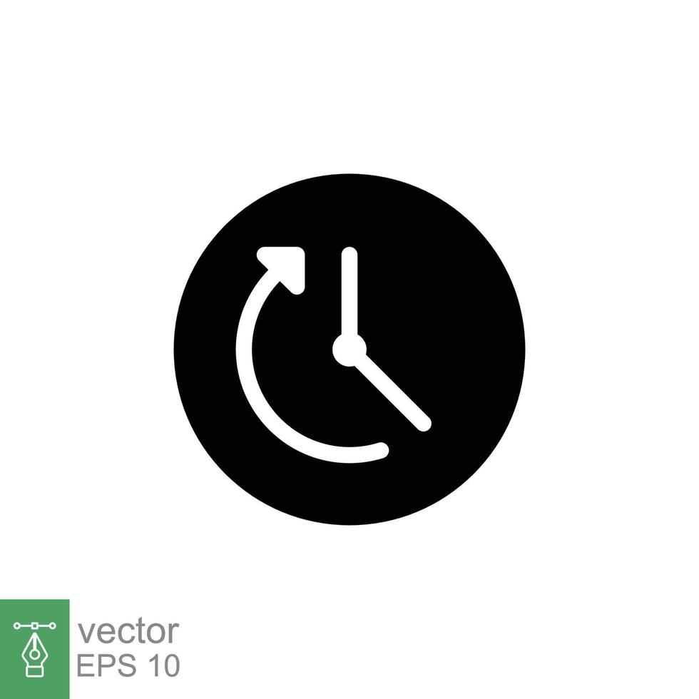 Clock time period with arrow icon. Timer, minute, countdown concept. Simple solid style. Black silhouette, glyph symbol. Vector illustration isolated on white background. EPS 10.