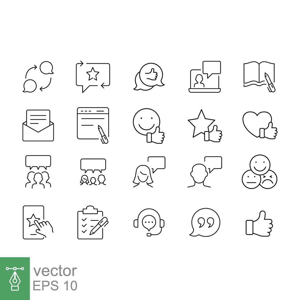 Business and finance web line icon set. Testimonials, customer relationship management or CRM concept. Simple outline style symbol collection. Vector illustration isolated on white background. EPS 10.