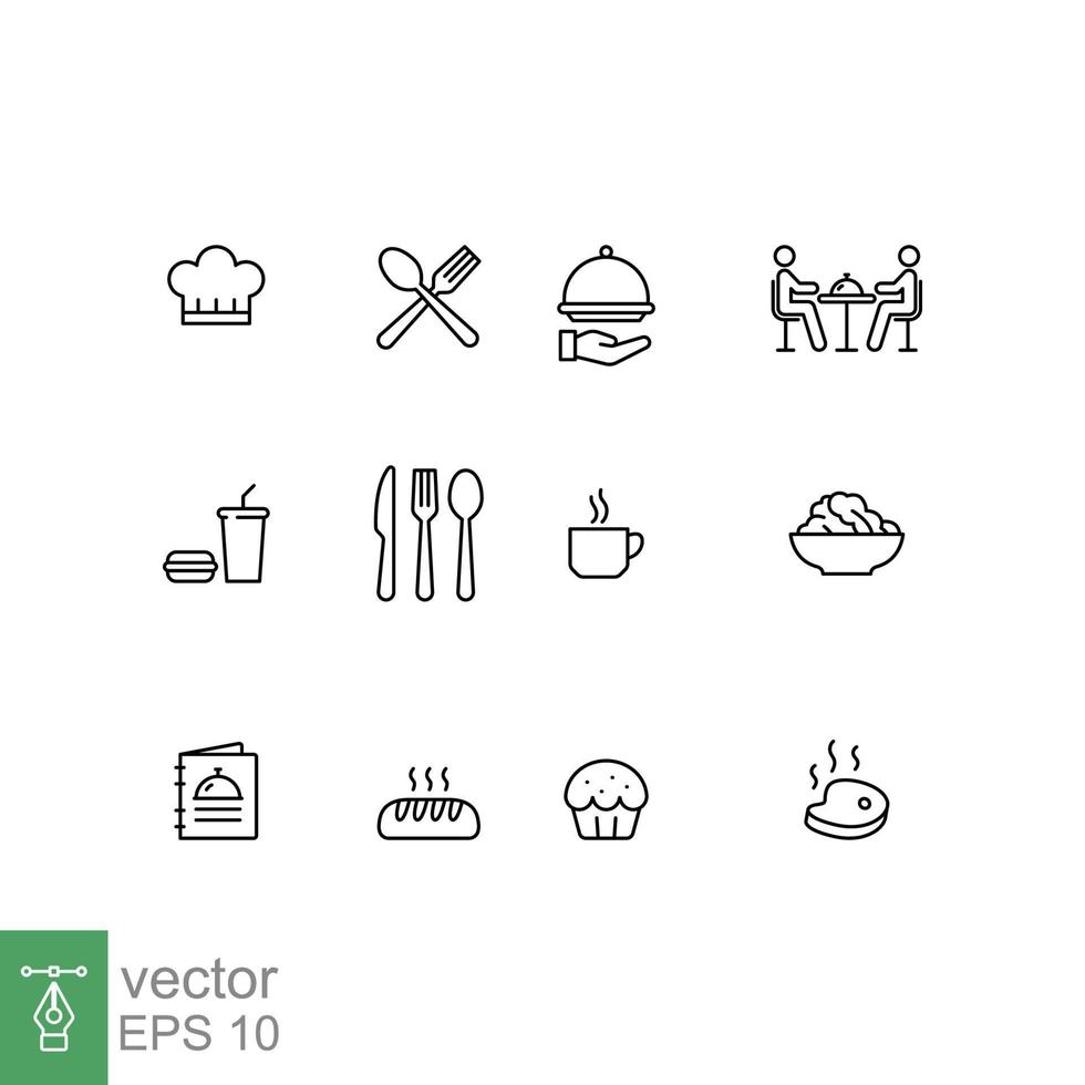 Restaurant food icon set. Simple outline style. Drink, coffee, table, menu, bakery, food and beverage concept. Thin line symbol. Vector illustration isolated on white background. EPS 10.