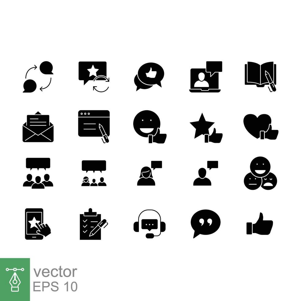 Business and finance web glyph icon set. Testimonials, customer relationship management or CRM concept. Simple solid style symbol collection. Vector illustration isolated on white background. EPS 10.