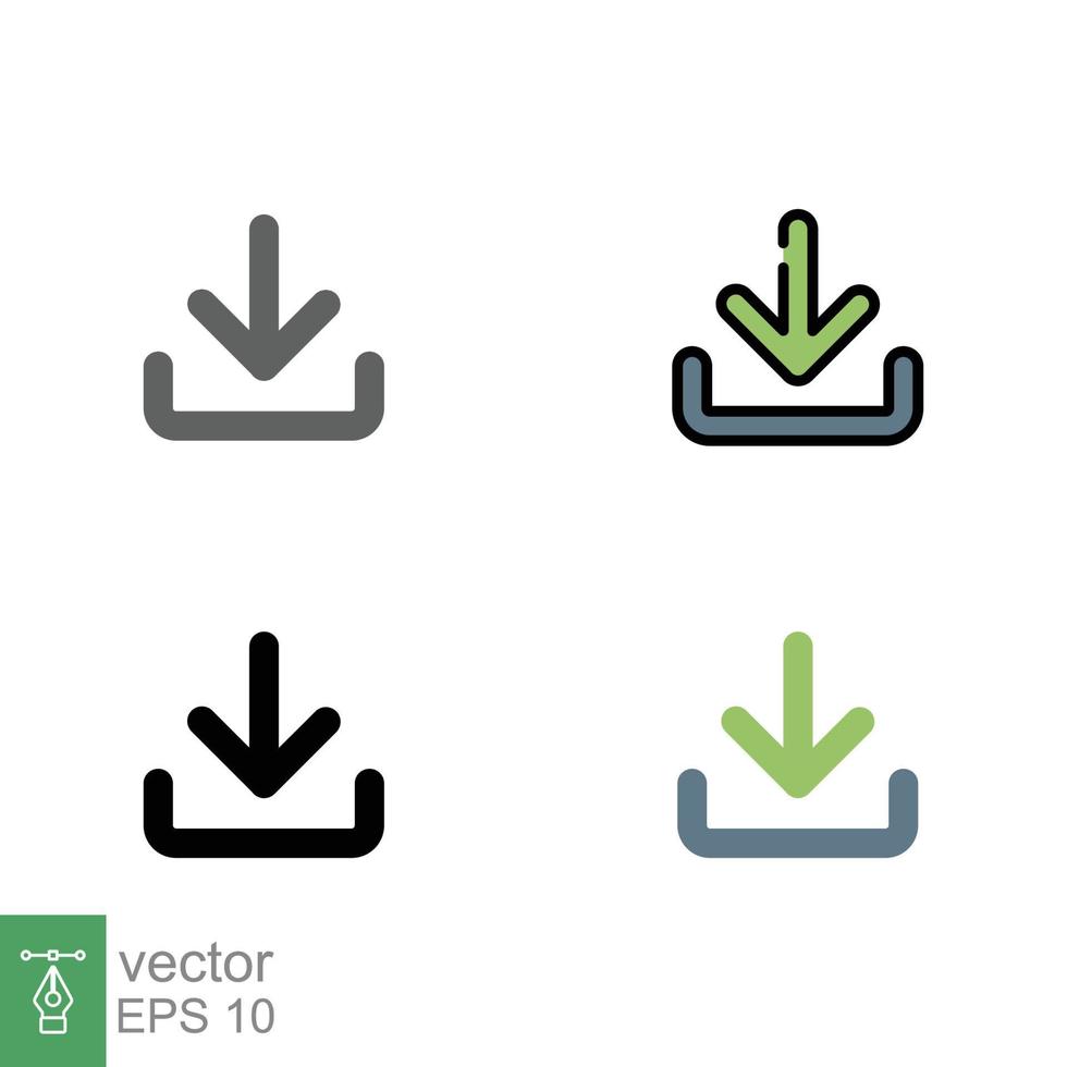 Download icon set. Software data load, down arrow, technology concept. Simple editable stroke, outline, filled outline, solid and flat style. Vector illustration isolated on white background. EPS 10.