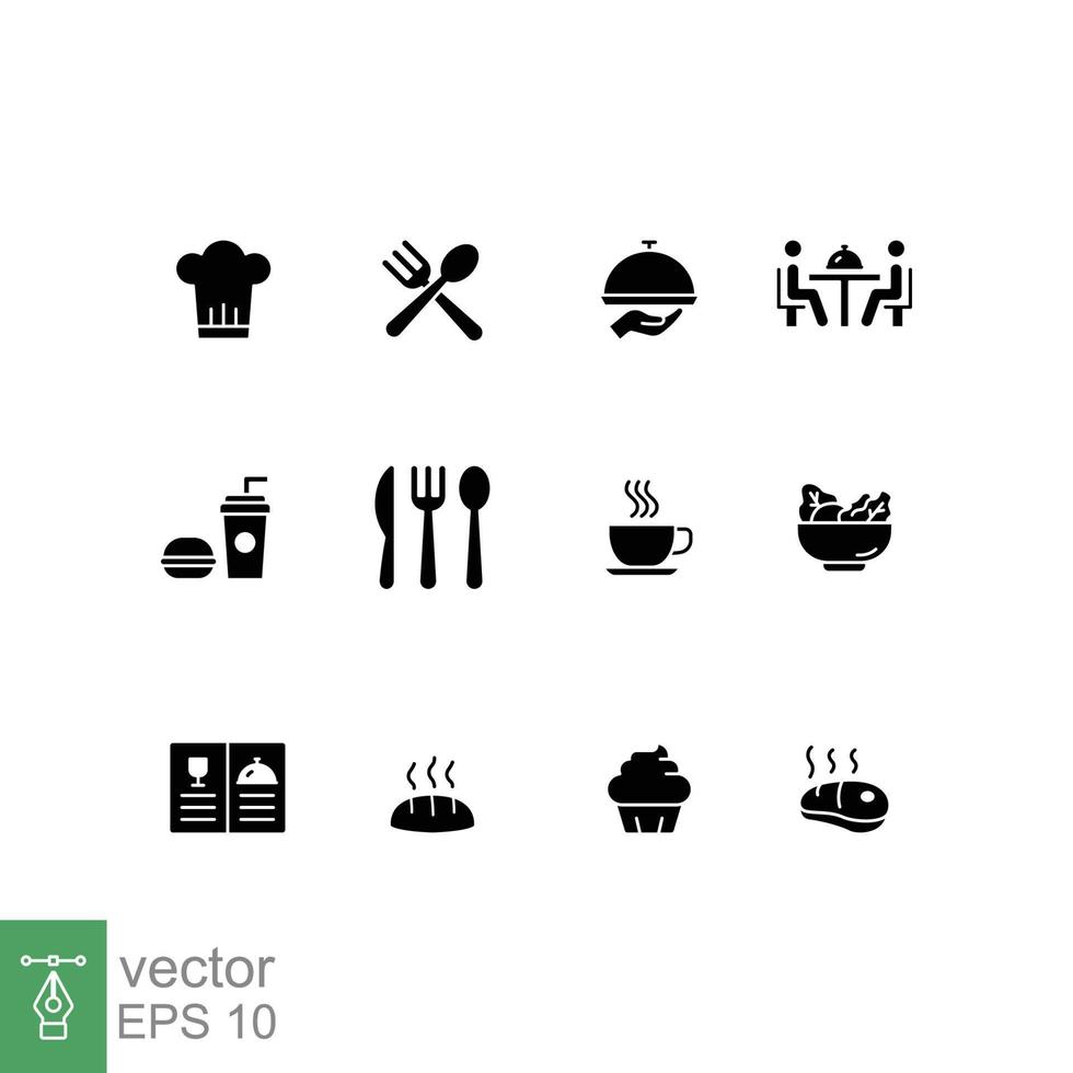 Restaurant food icon set. Simple solid style. Drink, coffee, table, menu, bakery, food and beverage concept. Black silhouette, glyph symbol. Vector illustration isolated on white background. EPS 10.