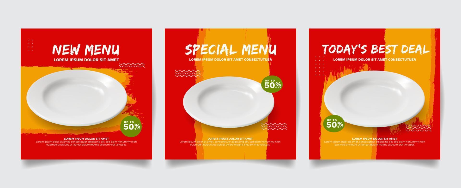 social media post template for food promotion, vector illustration with white plate red background and orange brush style