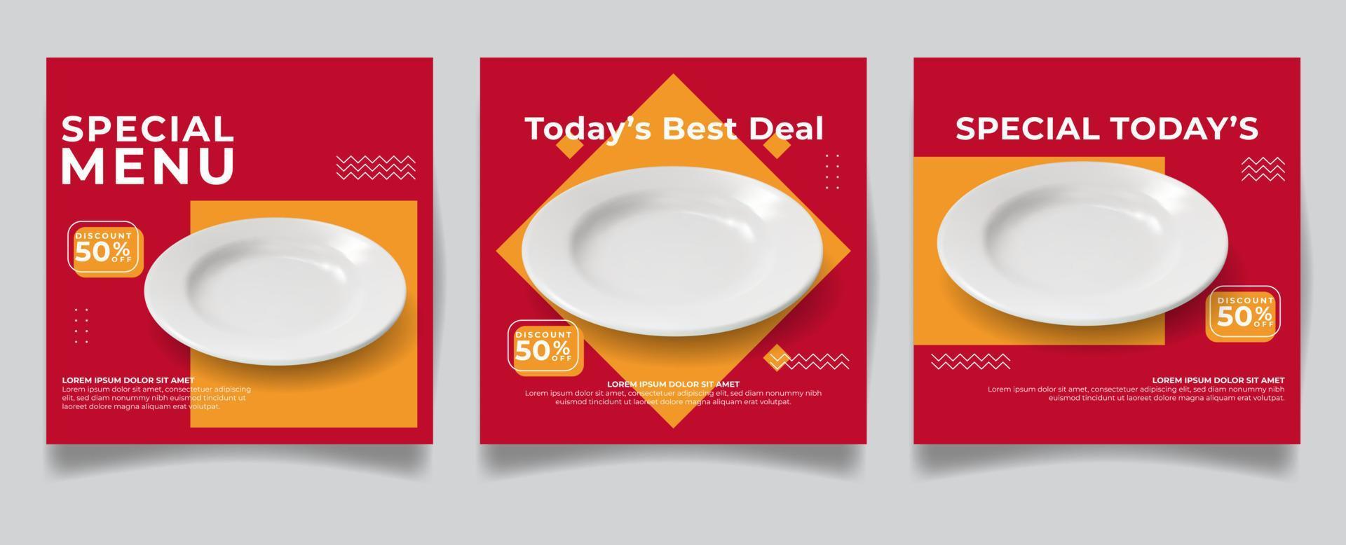 set of social media post template for food promotion  with red and orange background white plate vector illustration