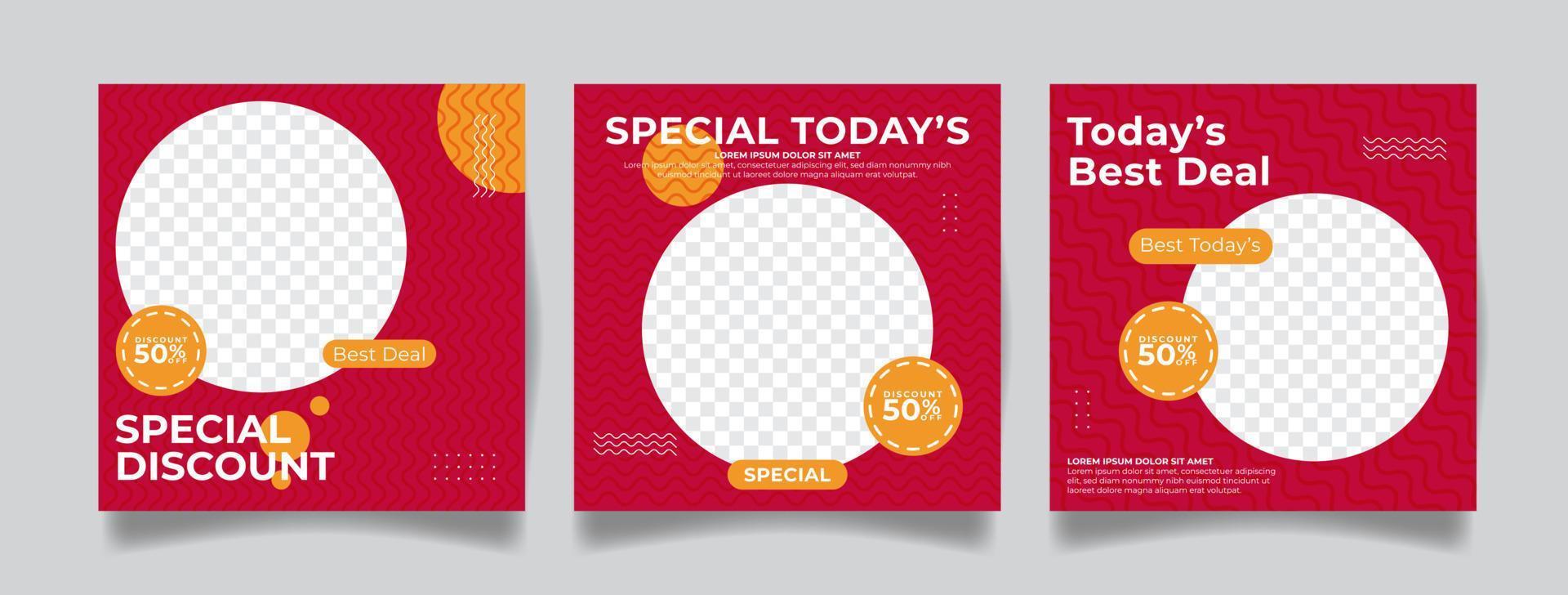 set of social media post template for food promotion simple banner frame in red and orange colors vector