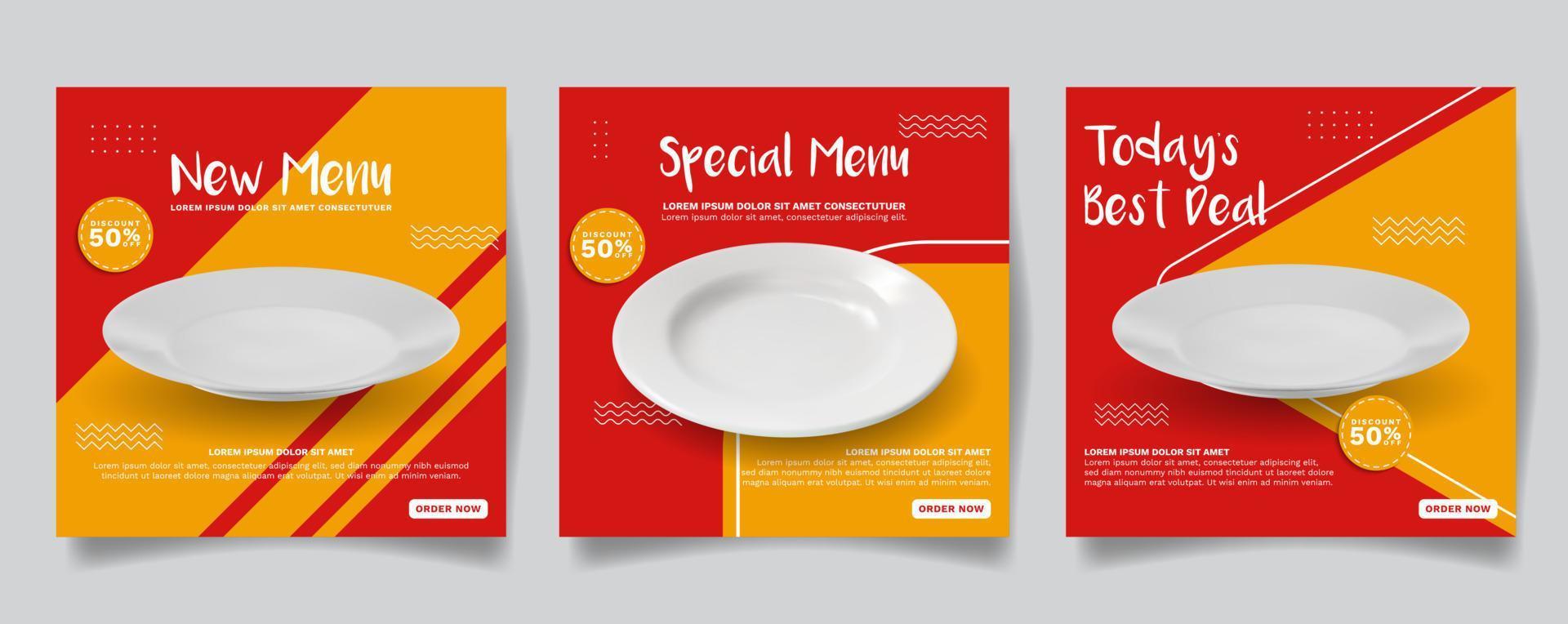 social media post template for food promotion simple banner frame, vector illustration with white plate on red and orange background