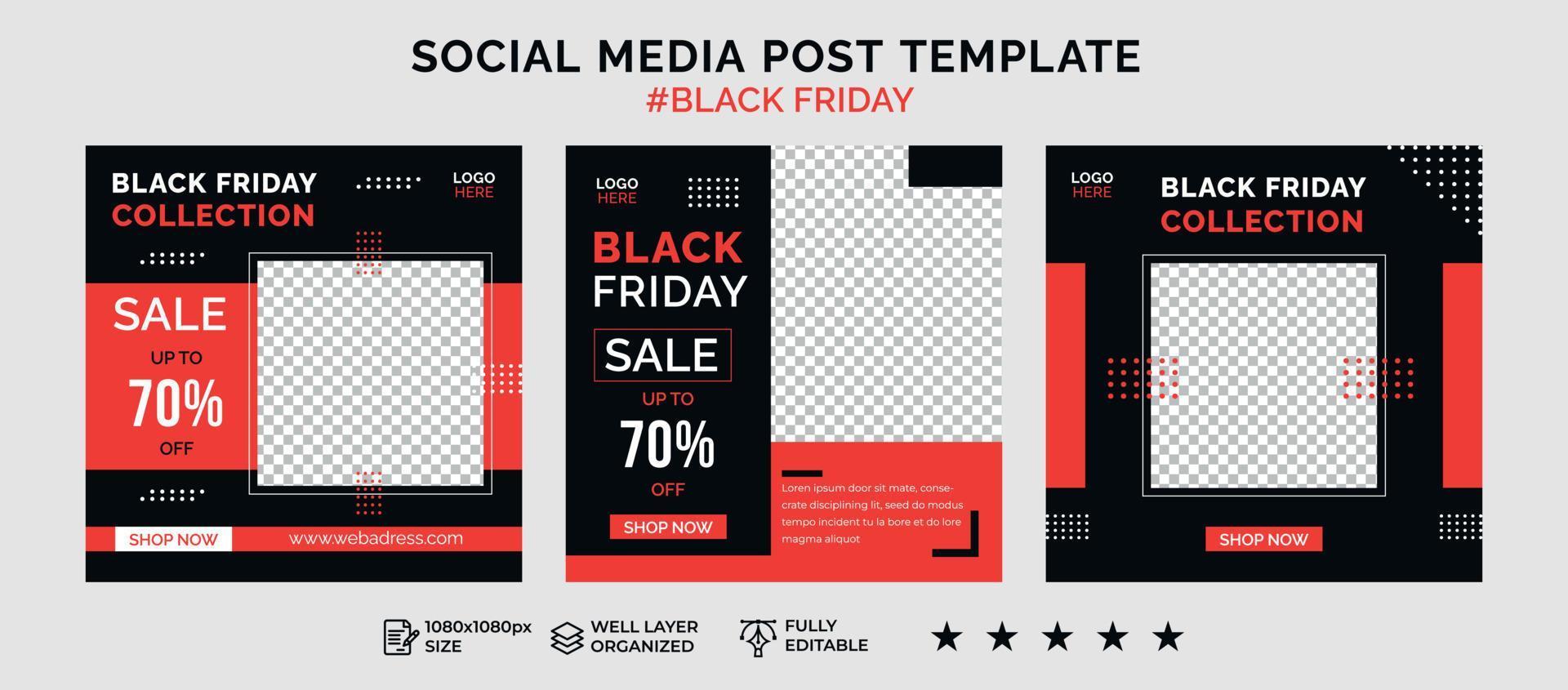 Black friday social media post banner template and sale discount square banner vector