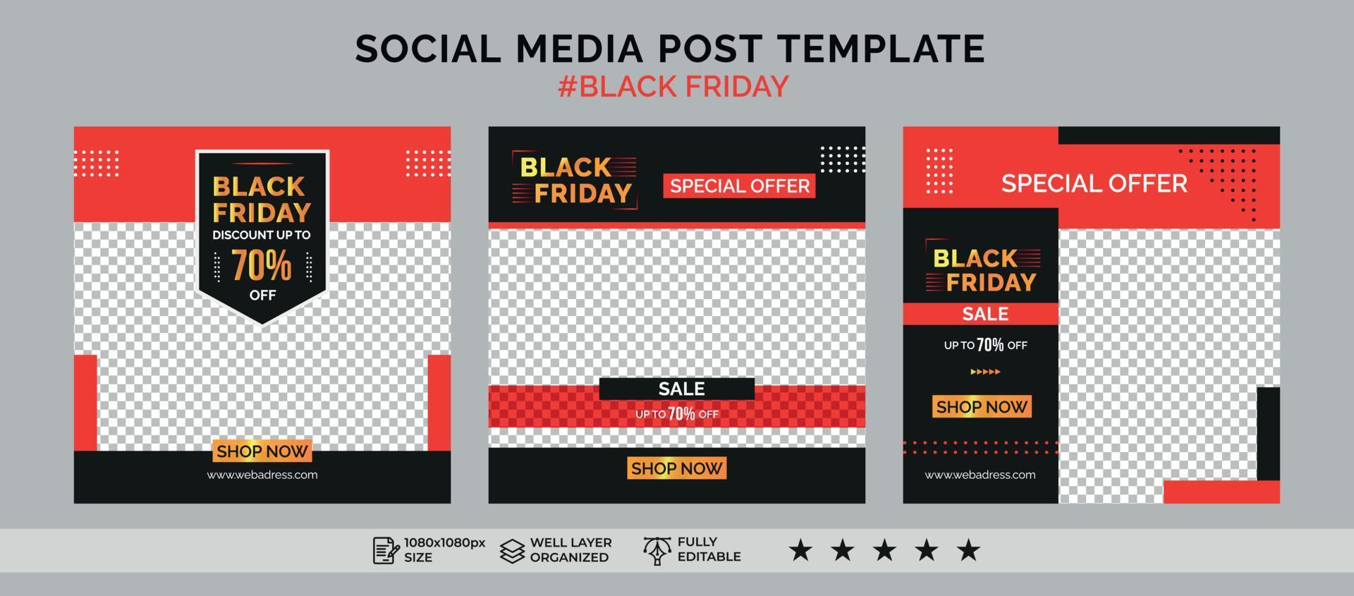 Black friday social media post banner template and sale discount square banner vector